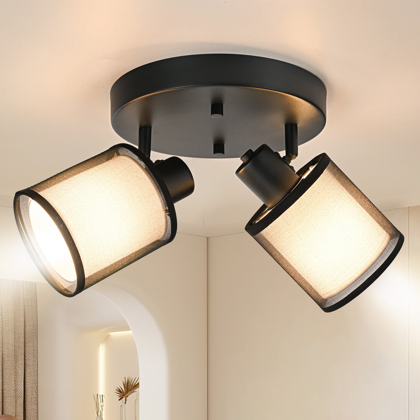 Doughelec Deckenleuchte 2-Lampen Deckenstrahler, Rund Schwarz Vintage E14, Drehbar 350°, MAX 30 W, Stoff Warmweiß für Wohnzimmer & Küche (Ohne Glühbirne)