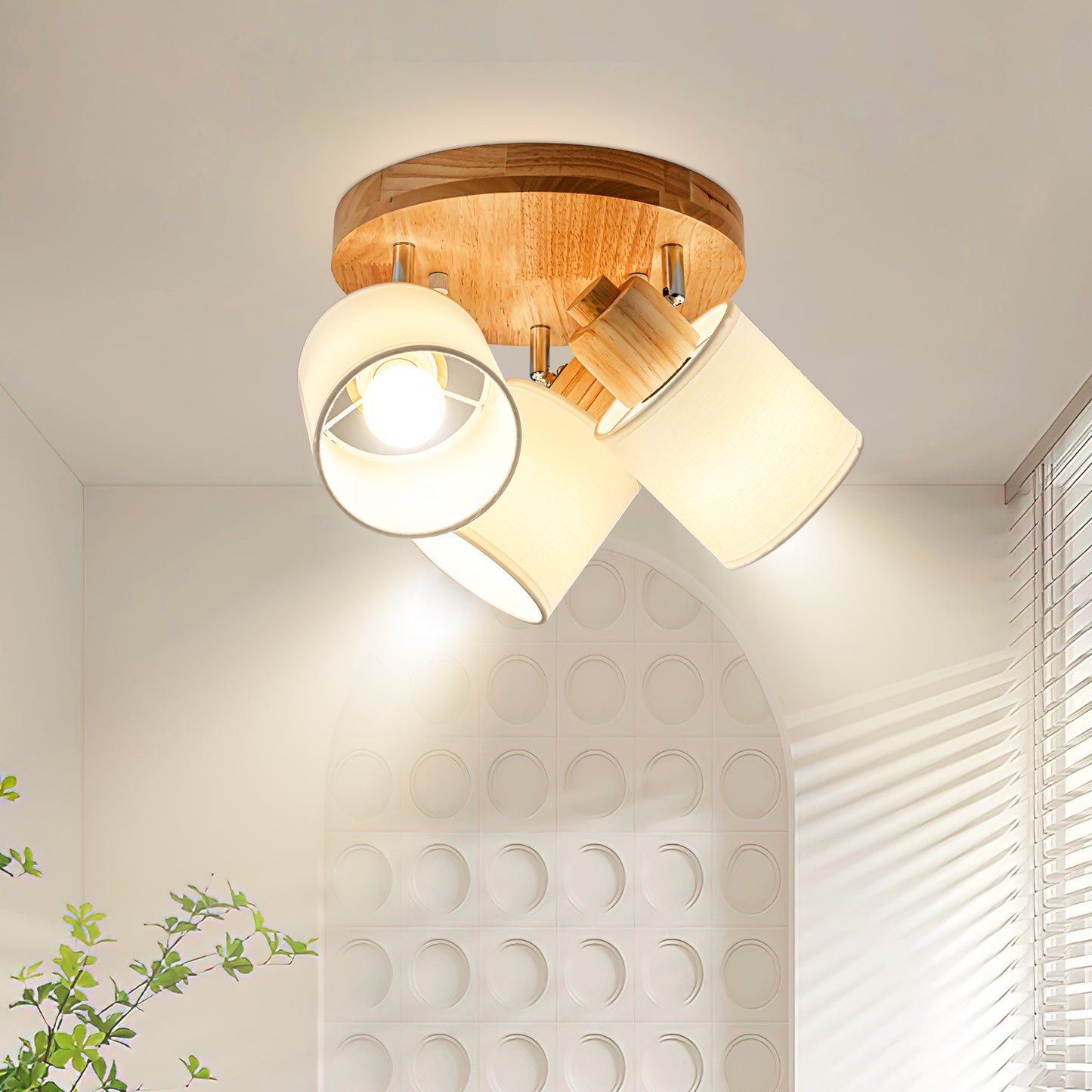 Doughelec Deckenlampe Deckenstrahler 3 Flammig Holz - Rund Deckenleuchte Deckenspot Wohnzimmer Vintage E14 Schwenkbar Lampe Decke Wandstrahler MAX 30W für Schlafzimmer Küche Flur Ohne Leuchtmittel