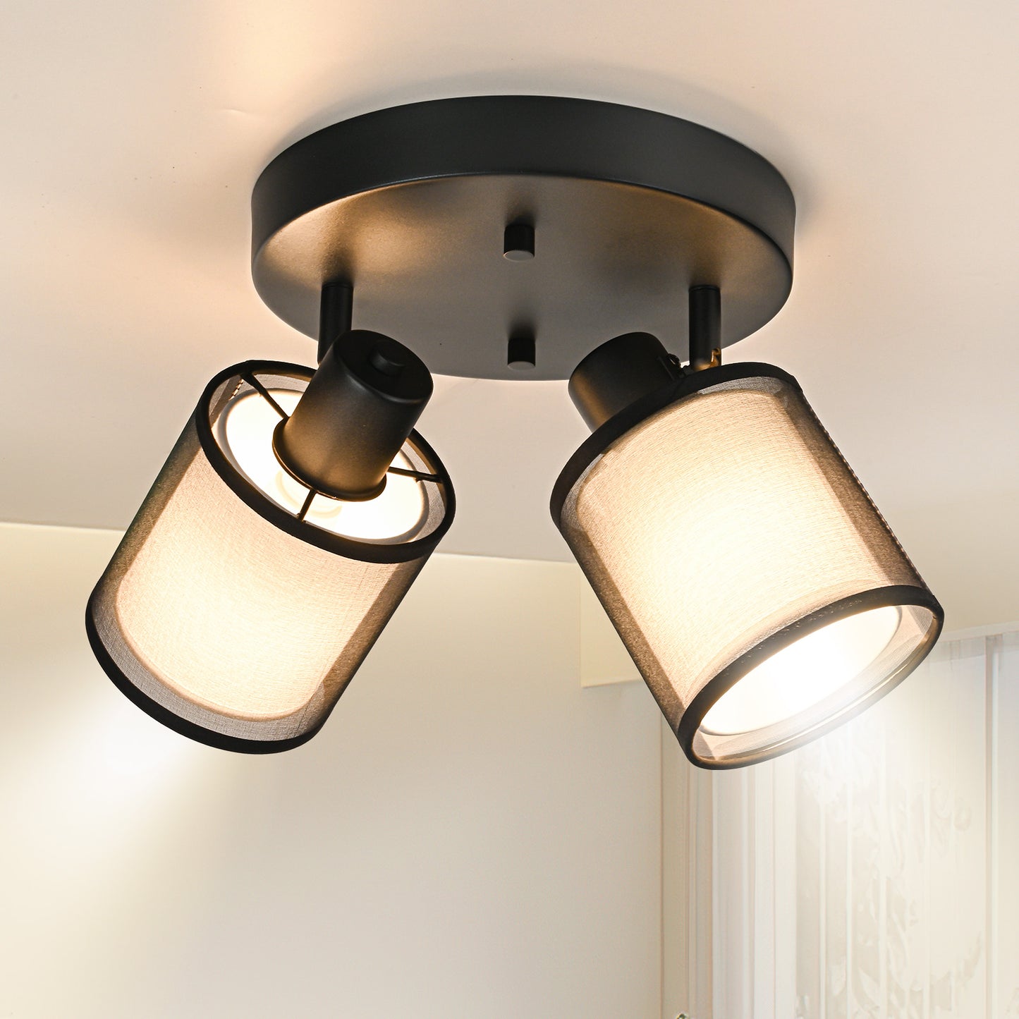 Doughelec Deckenleuchte 2-Lampen Deckenstrahler, Rund Schwarz Vintage E14, Drehbar 350°, MAX 30 W, Stoff Warmweiß für Wohnzimmer & Küche (Ohne Glühbirne)