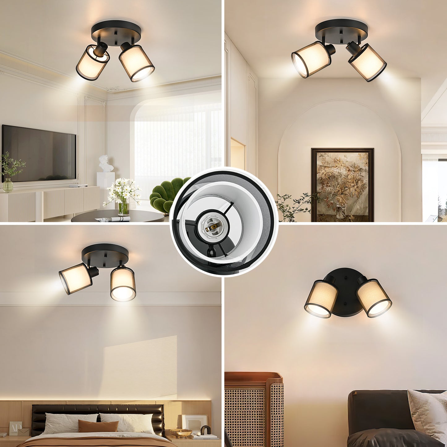 Doughelec Deckenleuchte 2-Lampen Deckenstrahler, Rund Schwarz Vintage E14, Drehbar 350°, MAX 30 W, Stoff Warmweiß für Wohnzimmer & Küche (Ohne Glühbirne)