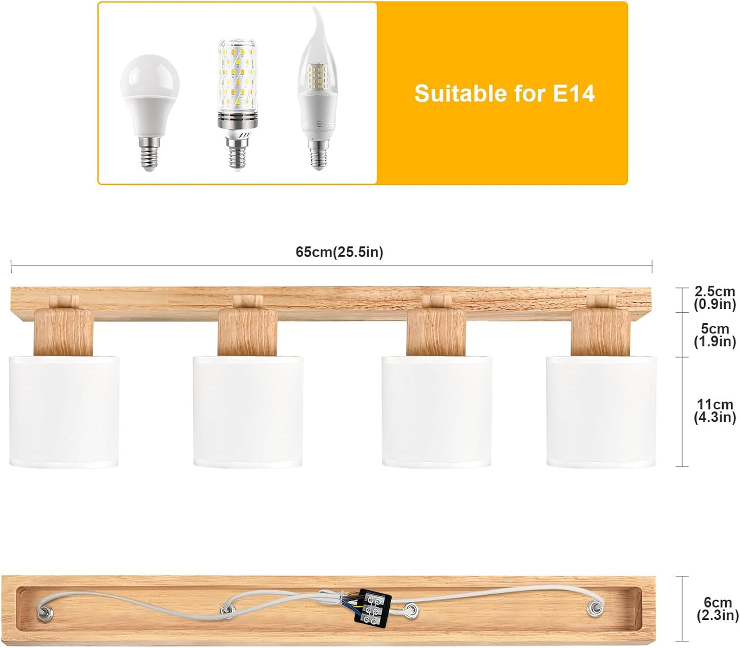 Doughelec Deckenlampe Deckenleuchte 4 Flammig Holz - Wohnzimmer Deckenstrahler Deckenspot Vintage E14 Schwenkbar Lampe Decke Wandstrahler MAX 30W Spot für Schlafzimmer Küche Flur, Ohne Leuchtmittel