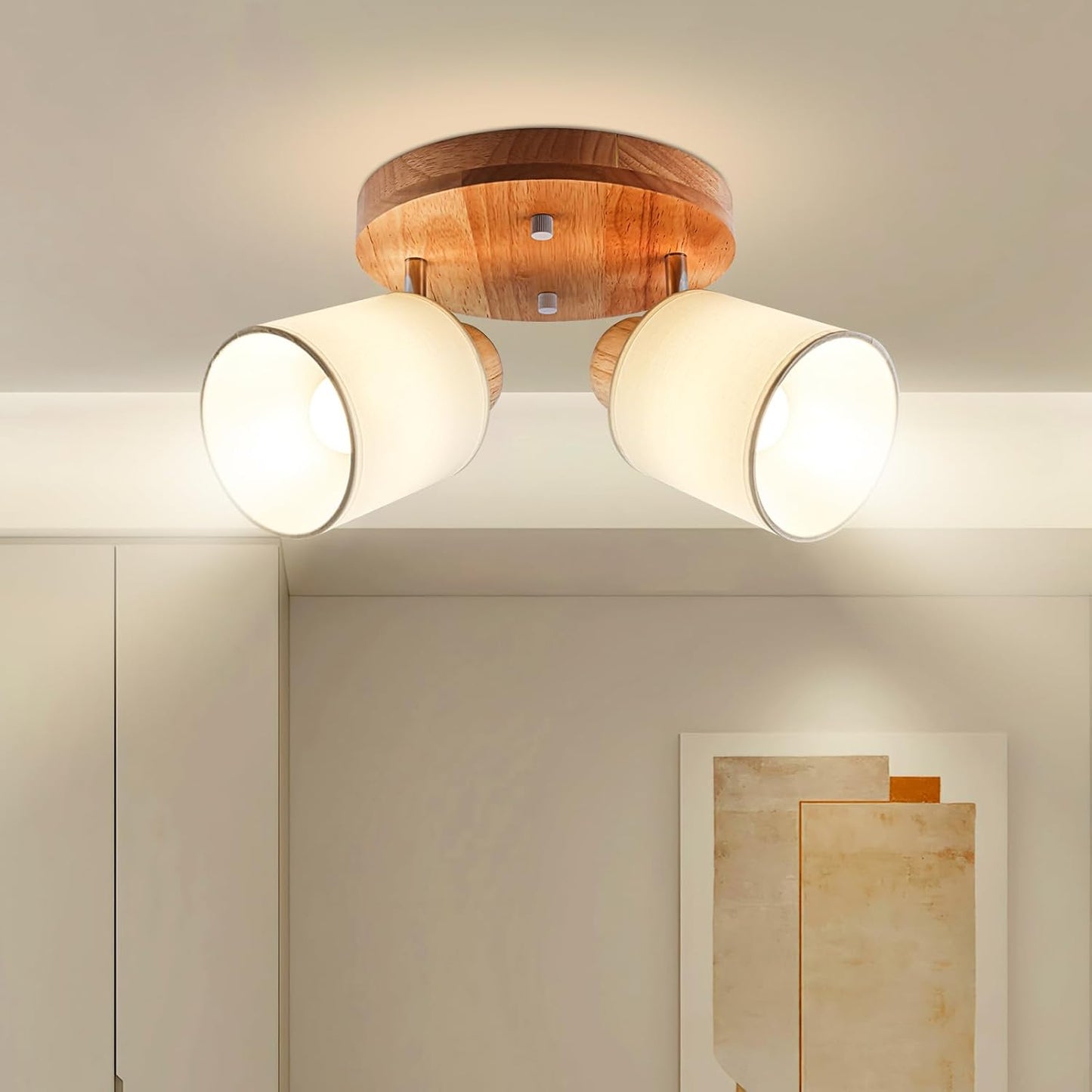 Doughelec Deckenstrahler Holz Rund – 2-flammig | Vintage E14 Schwenkbare Deckenlampe & Wandspot | Wohnzimmer, Schlafzimmer, Küche, Flur | Max. 30W (Leuchtmittel nicht enthalten)