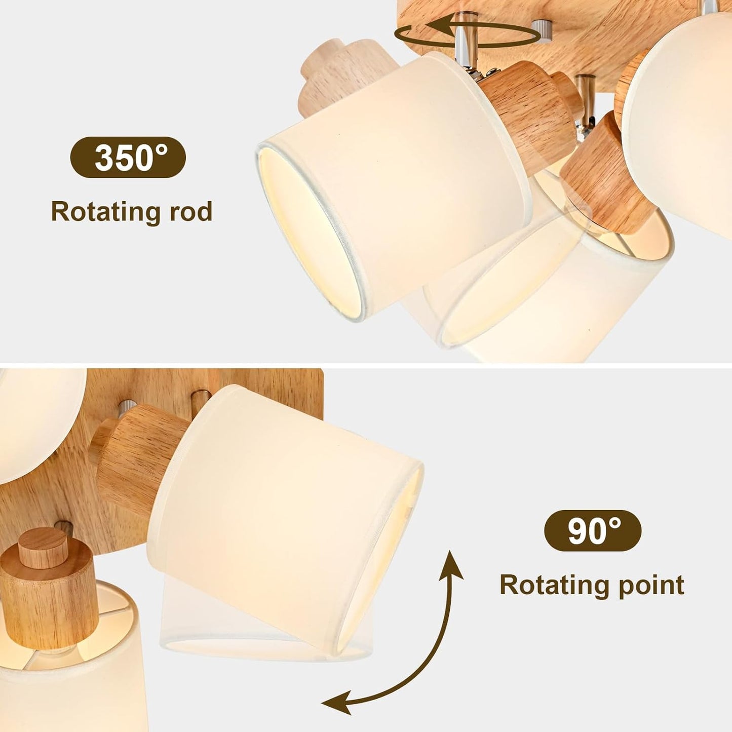 Doughelec Deckenleuchte 4 Flammen Holz Vintage Rund E14 Schwenkbar Lampe für Wohnzimmer, Schlafzimmer, Küche und Flur - Max. 30 W (Ohne Glühbirnen)