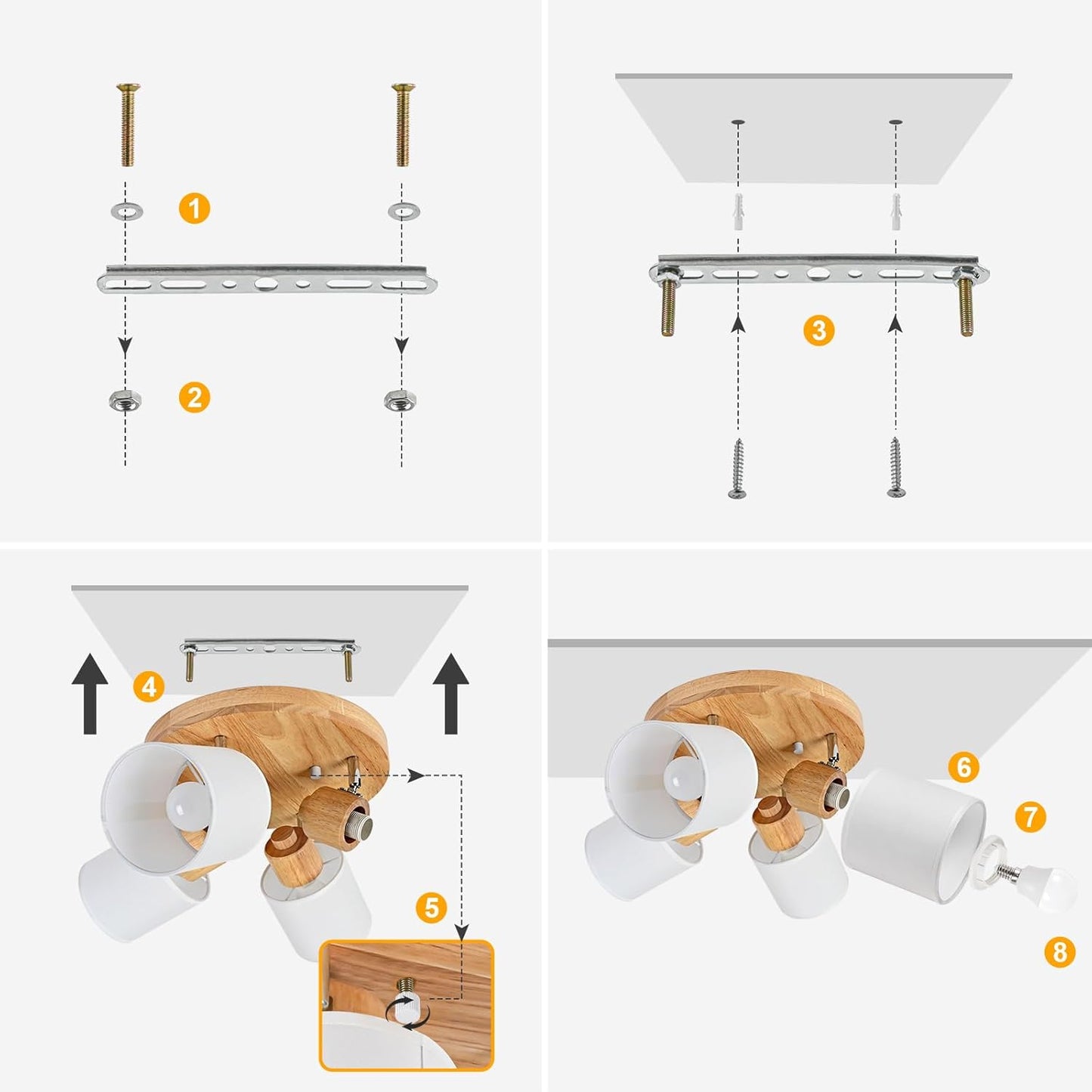 Doughelec Deckenleuchte 4 Flammen Holz Vintage Rund E14 Schwenkbar Lampe für Wohnzimmer, Schlafzimmer, Küche und Flur - Max. 30 W (Ohne Glühbirnen)