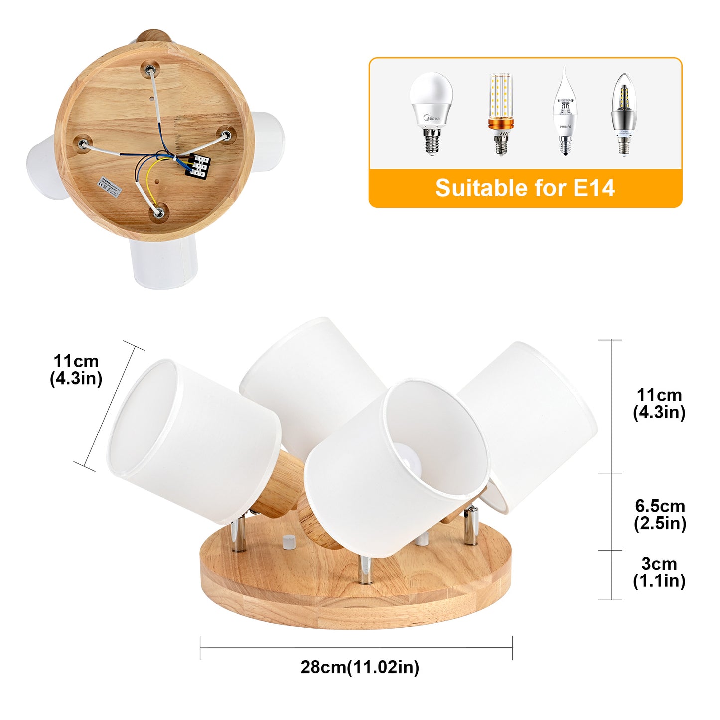 Doughelec Deckenleuchte 4 Flammen Holz Vintage Rund E14 Schwenkbar Lampe für Wohnzimmer, Schlafzimmer, Küche und Flur - Max. 30 W (Ohne Glühbirnen)
