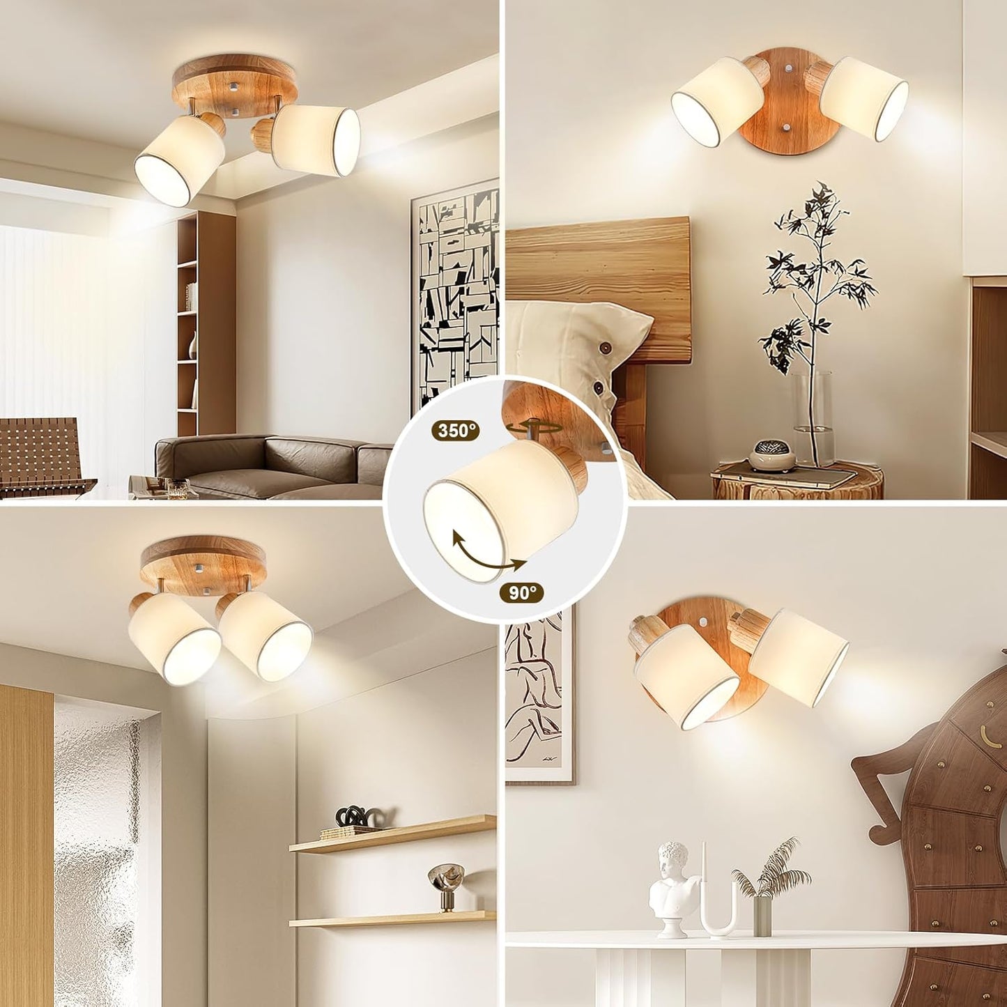 Doughelec Deckenstrahler Holz Rund – 2-flammig | Vintage E14 Schwenkbare Deckenlampe & Wandspot | Wohnzimmer, Schlafzimmer, Küche, Flur | Max. 30W (Leuchtmittel nicht enthalten)
