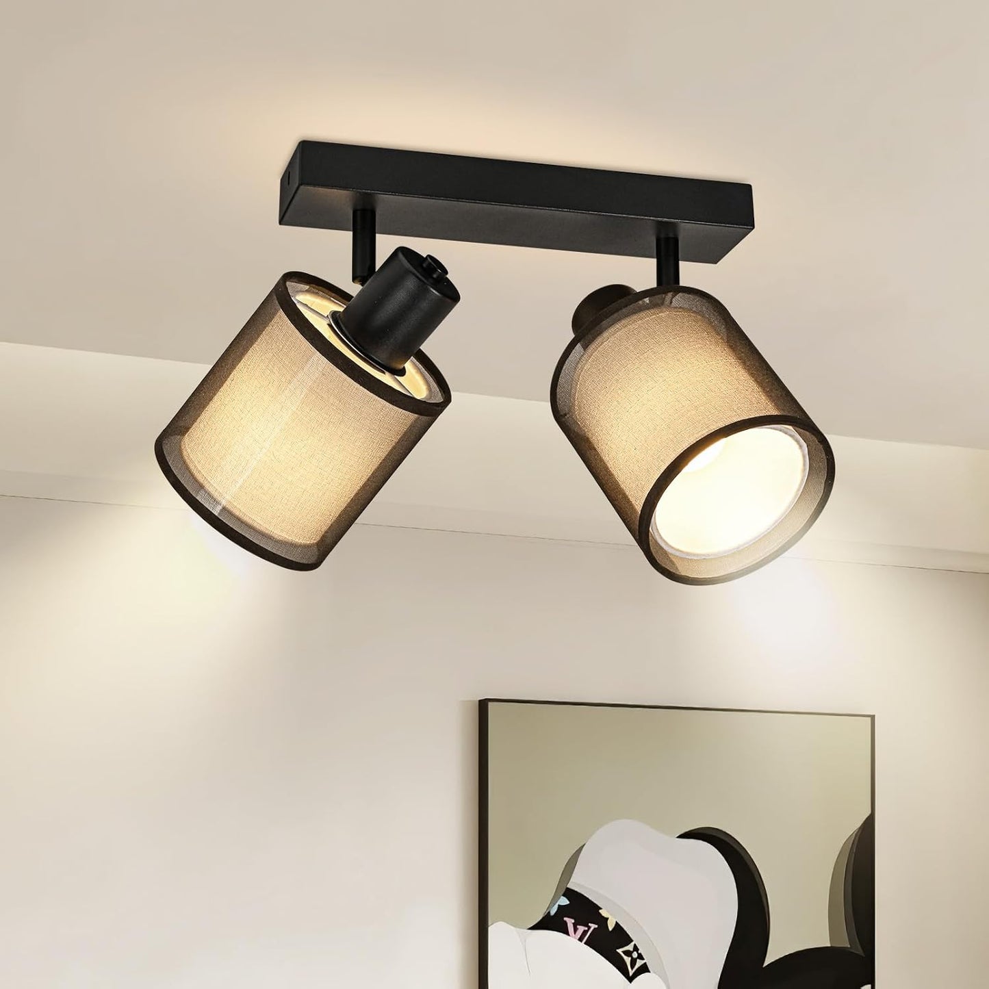 Doughelec Deckenleuchte 2-Lampen Deckenstrahler, Schwarz Vintage E14, Drehbar 350°, MAX 30 W, Stoff Warmweiß für Wohnzimmer & Küche (Ohne Glühbirne)