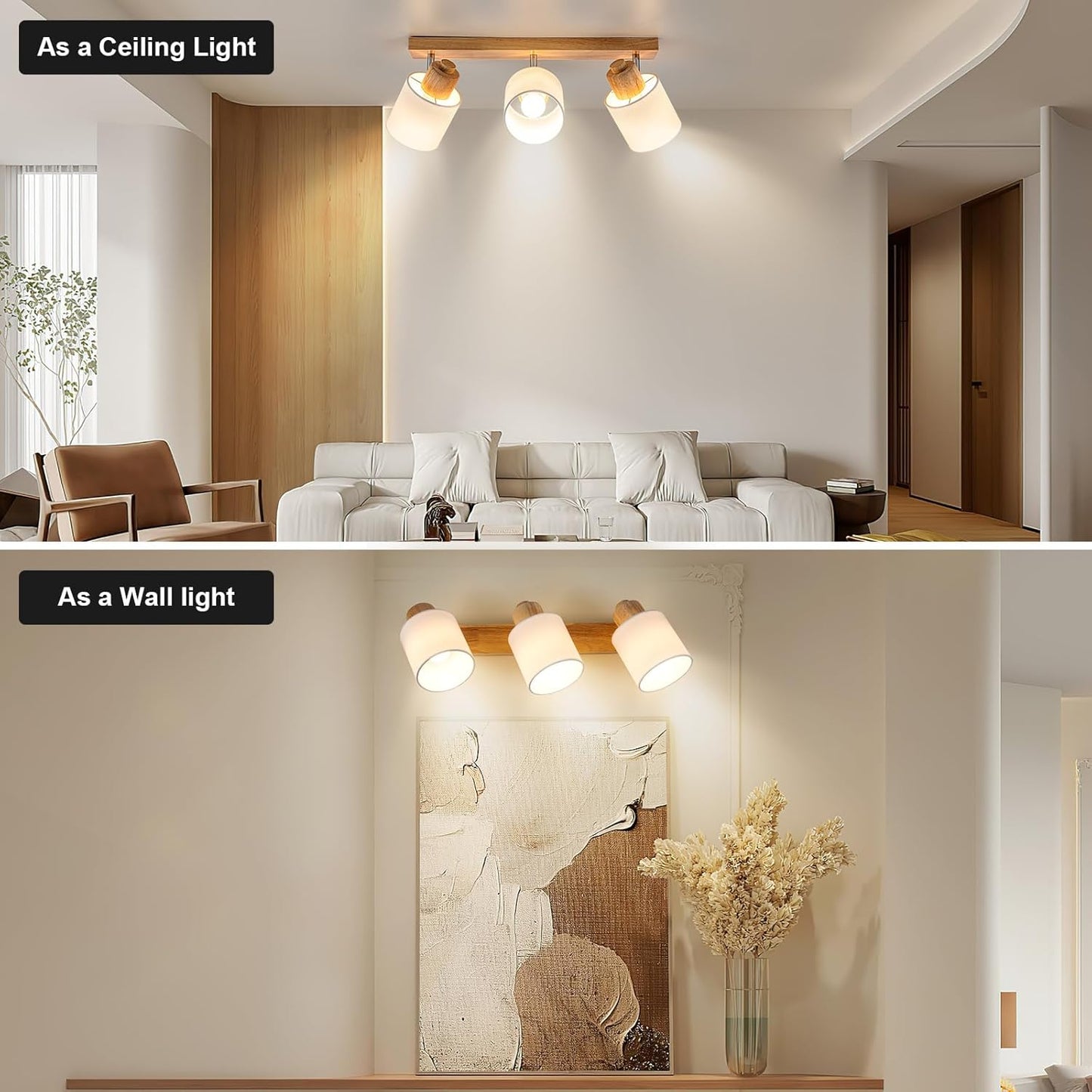 Doughelec Deckenleuchte Deckenstrahler 3 Flammig - Deckenlampe Holz Deckenspot Vintage E14 Schwenkbar 350° Lampe Decke Wandlampe MAX30W Stoff für Wohnzimmer Schlafzimmer Küche Ohne Leuchtmittel