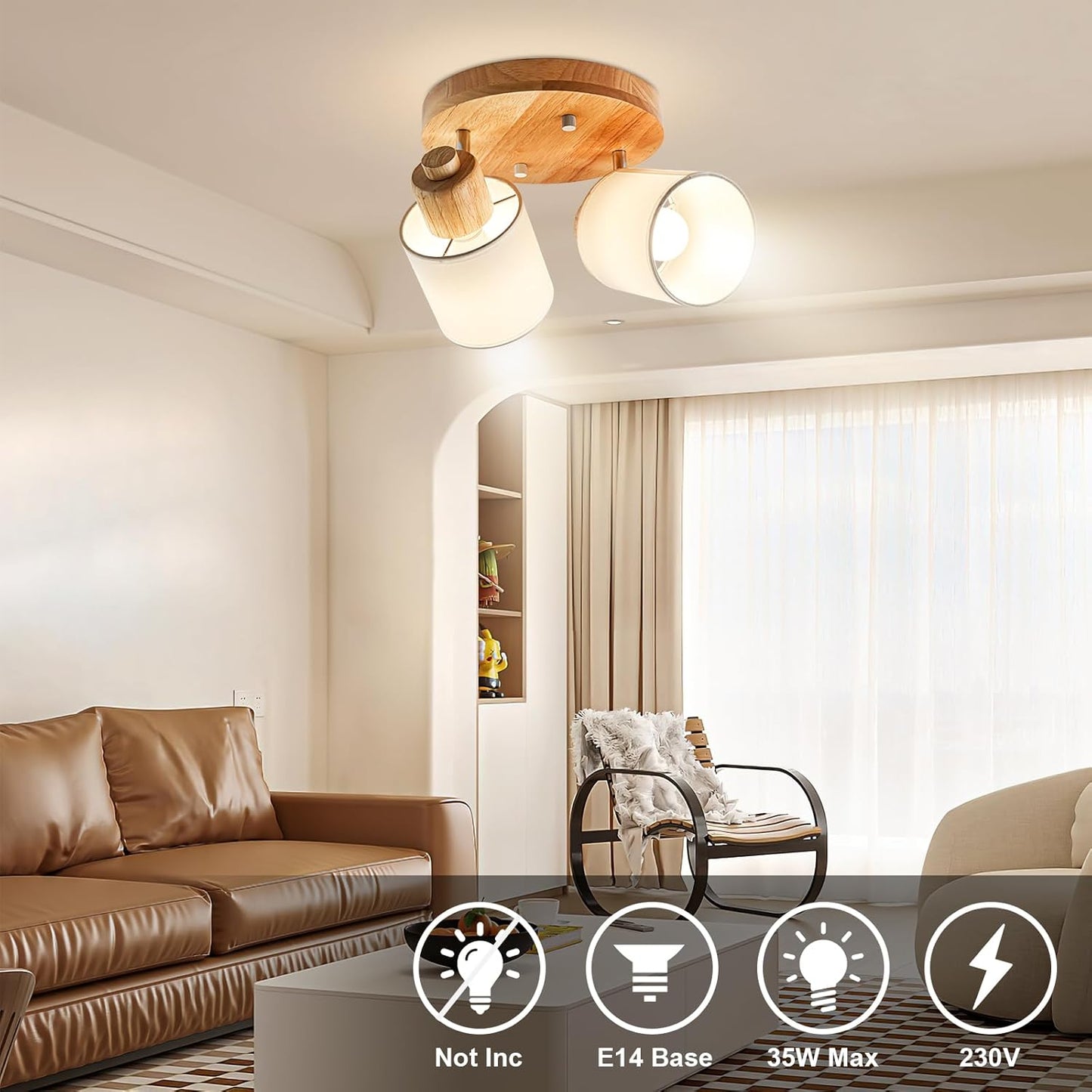 Doughelec Deckenstrahler Holz Rund – 2-flammig | Vintage E14 Schwenkbare Deckenlampe & Wandspot | Wohnzimmer, Schlafzimmer, Küche, Flur | Max. 30W (Leuchtmittel nicht enthalten)