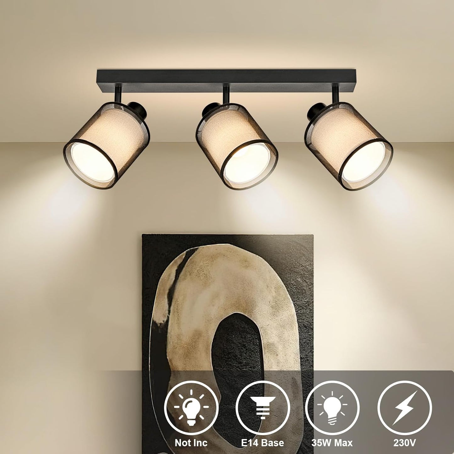 Doughelec Deckenleuchte Deckenstrahler 3 Lampen Wohnzimmer - Schwarze Deckenleuchte Vintage E14 Drehbar 350° Lampe Decke Wand Spot MAX 30 W Stoff Weiß für Küche, Ohne Glühbirne