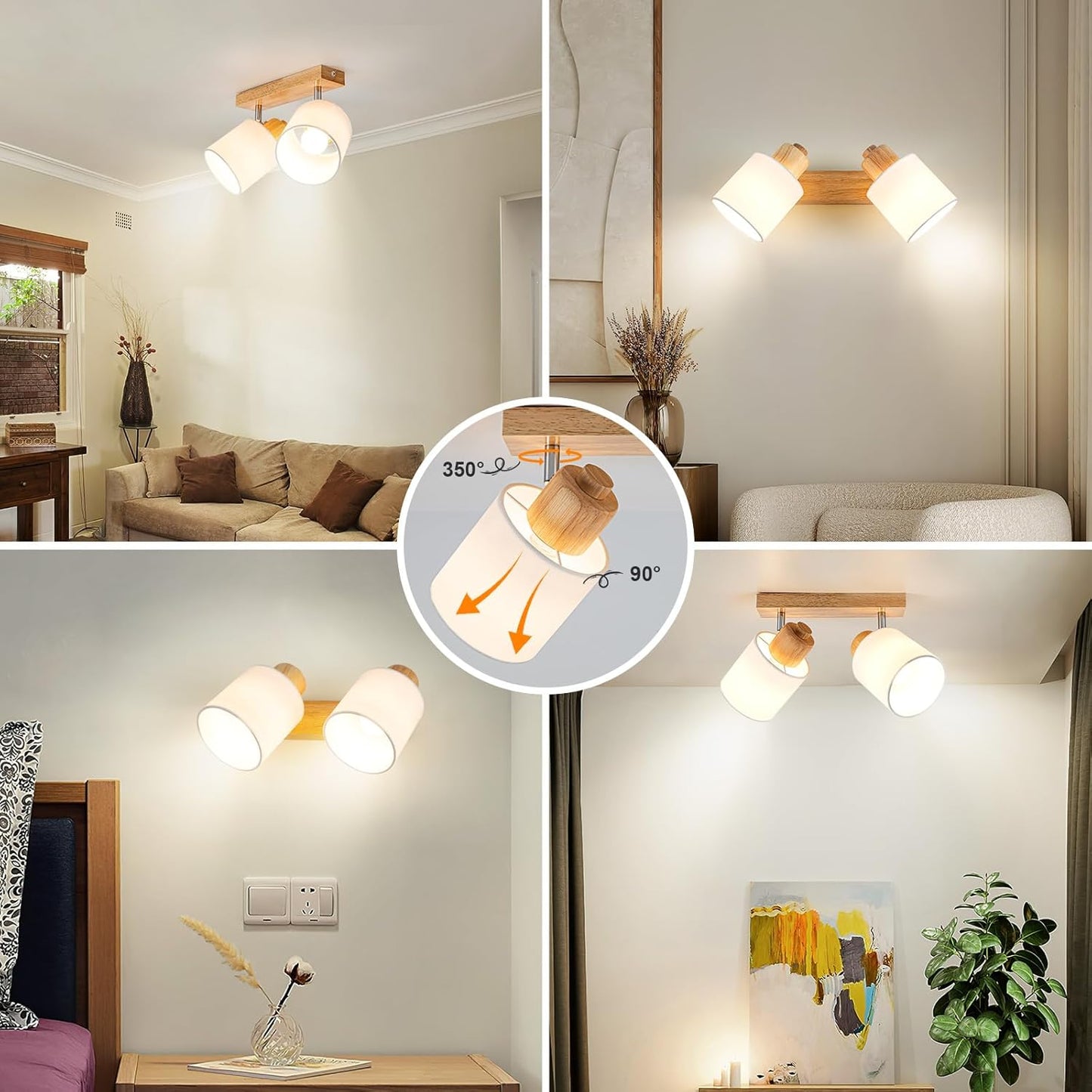Doughelec Deckenlampe Deckenstrahler 3 Flammig Holz - Rund Deckenleuchte Deckenspot Wohnzimmer Vintage E14 Schwenkbar Lampe Decke Wandstrahler MAX 30W für Schlafzimmer Küche Flur Ohne Leuchtmittel