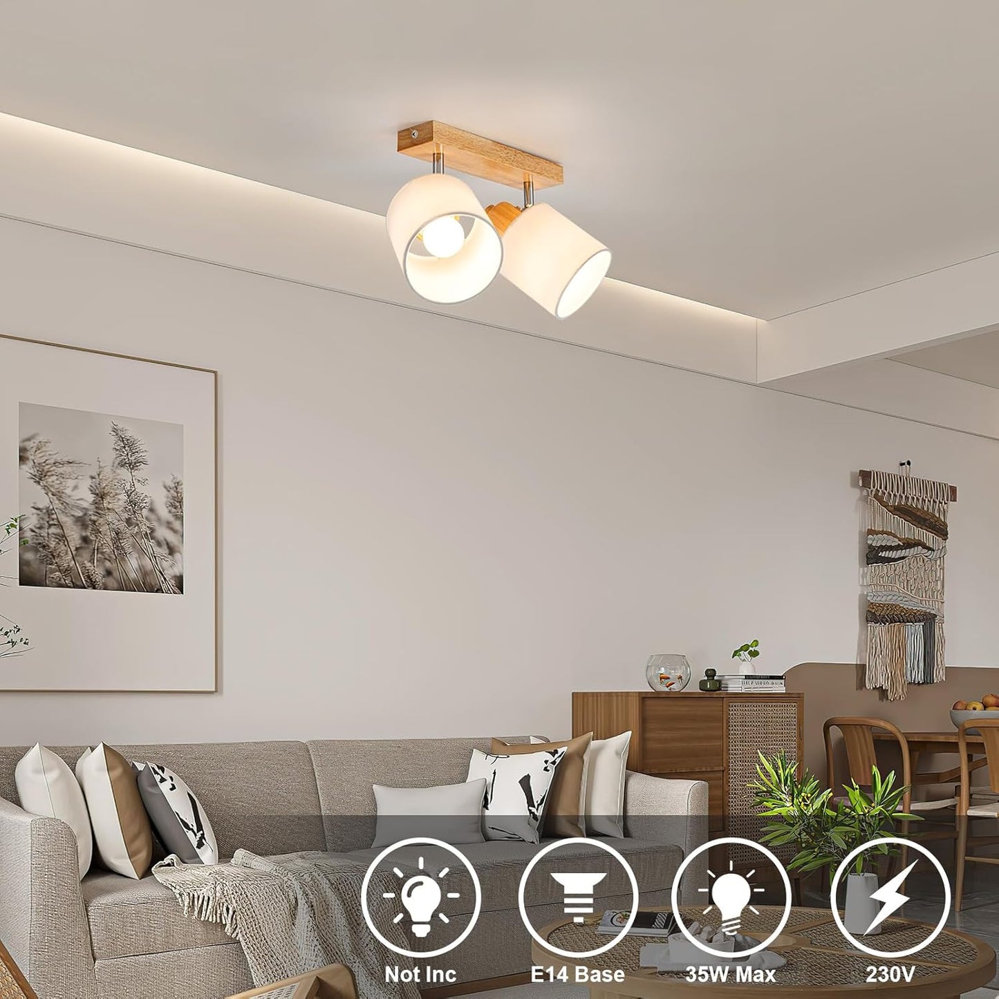 Doughelec Deckenstrahler Holz – 2-flammig | Vintage E14 Schwenkbare 350° Deckenlampe & Wandleuchte | Stoff-Lampenschirm | Max. 30W | Wohnzimmer, Schlafzimmer, Küche, Flur (Leuchtmittel nicht enthalten)
