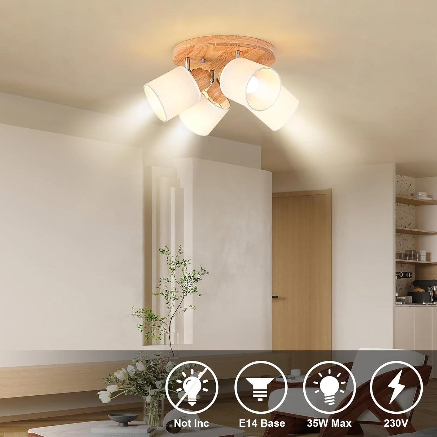 Doughelec Deckenleuchte 4 Flammen Holz Vintage Rund E14 Schwenkbar Lampe für Wohnzimmer, Schlafzimmer, Küche und Flur - Max. 30 W (Ohne Glühbirnen)