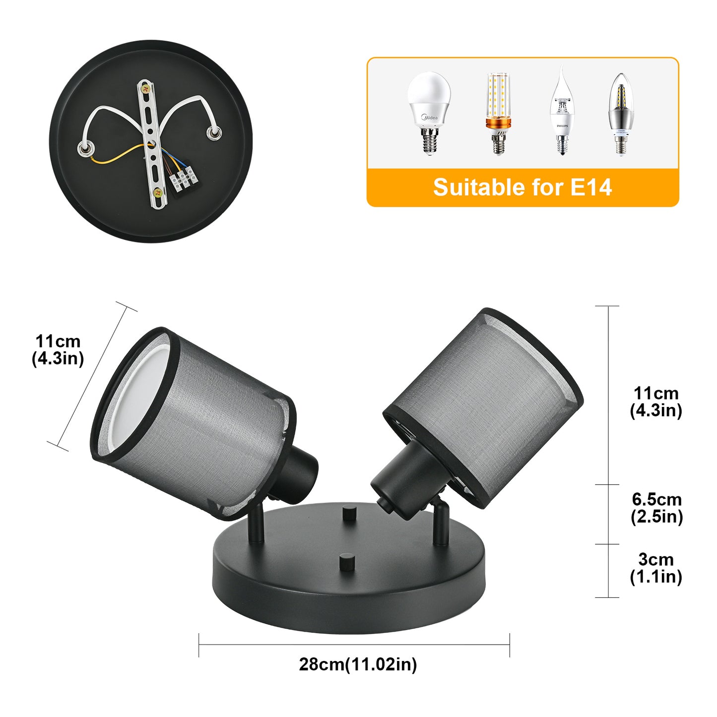 Doughelec Deckenleuchte 2-Lampen Deckenstrahler, Rund Schwarz Vintage E14, Drehbar 350°, MAX 30 W, Stoff Warmweiß für Wohnzimmer & Küche (Ohne Glühbirne)