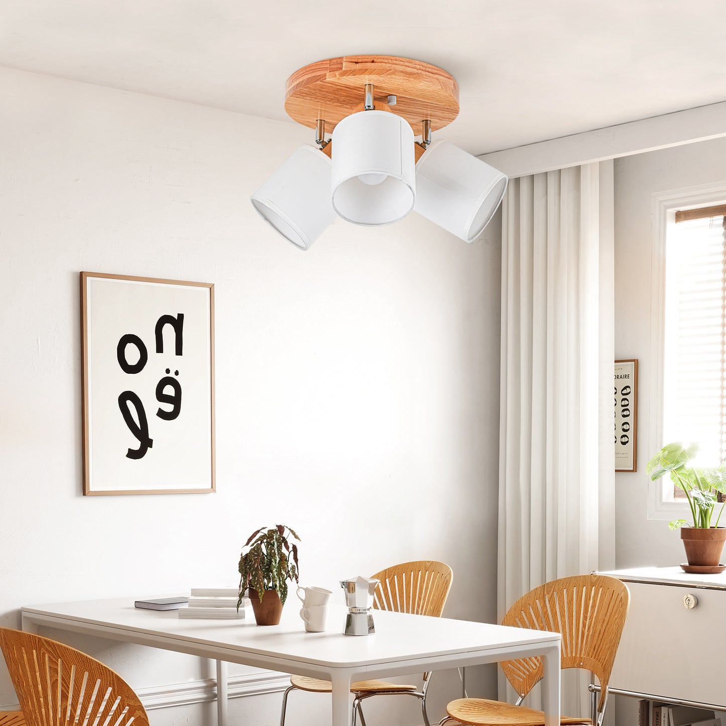 Doughelec Deckenlampe Deckenstrahler 3 Flammig Holz - Rund Deckenleuchte Deckenspot Wohnzimmer Vintage E14 Schwenkbar Lampe Decke Wandstrahler MAX 30W für Schlafzimmer Küche Flur Ohne Leuchtmittel