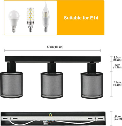 Doughelec Deckenleuchte Deckenstrahler 3 Lampen Wohnzimmer - Schwarze Deckenleuchte Vintage E14 Drehbar 350° Lampe Decke Wand Spot MAX 30 W Stoff Weiß für Küche, Ohne Glühbirne