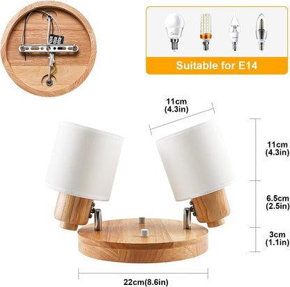 Doughelec Deckenstrahler Holz Rund – 2-flammig | Vintage E14 Schwenkbare Deckenlampe & Wandspot | Wohnzimmer, Schlafzimmer, Küche, Flur | Max. 30W (Leuchtmittel nicht enthalten)
