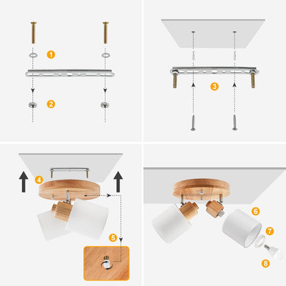 Doughelec Deckenstrahler Holz Rund – 2-flammig | Vintage E14 Schwenkbare Deckenlampe & Wandspot | Wohnzimmer, Schlafzimmer, Küche, Flur | Max. 30W (Leuchtmittel nicht enthalten)
