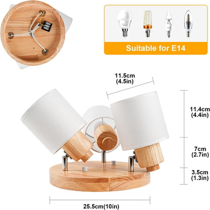 Doughelec Deckenlampe Deckenstrahler 3 Flammig Holz - Rund Deckenleuchte Deckenspot Wohnzimmer Vintage E14 Schwenkbar Lampe Decke Wandstrahler MAX 30W für Schlafzimmer Küche Flur Ohne Leuchtmittel