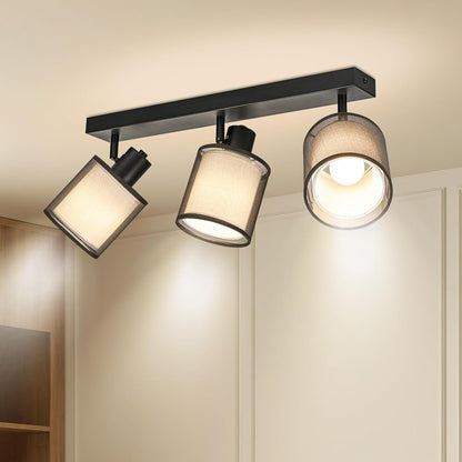Doughelec Deckenleuchte Deckenstrahler 3 Lampen Wohnzimmer - Schwarze Deckenleuchte Vintage E14 Drehbar 350° Lampe Decke Wand Spot MAX 30 W Stoff Weiß für Küche, Ohne Glühbirne
