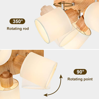 Doughelec Deckenleuchte 4 Flammen Holz Vintage Rund E14 Schwenkbar Lampe für Wohnzimmer, Schlafzimmer, Küche und Flur - Max. 30 W (Ohne Glühbirnen)