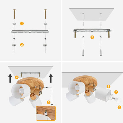 Doughelec Deckenleuchte 4 Flammen Holz Vintage Rund E14 Schwenkbar Lampe für Wohnzimmer, Schlafzimmer, Küche und Flur - Max. 30 W (Ohne Glühbirnen)
