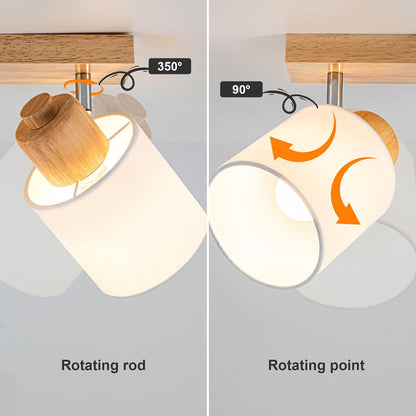 Doughelec Deckenstrahler Holz – 2-flammig | Vintage E14 Schwenkbare 350° Deckenlampe & Wandleuchte | Stoff-Lampenschirm | Max. 30W | Wohnzimmer, Schlafzimmer, Küche, Flur (Leuchtmittel nicht enthalten)