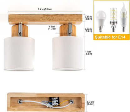 Doughelec Deckenstrahler Holz – 2-flammig | Vintage E14 Schwenkbare 350° Deckenlampe & Wandleuchte | Stoff-Lampenschirm | Max. 30W | Wohnzimmer, Schlafzimmer, Küche, Flur (Leuchtmittel nicht enthalten)