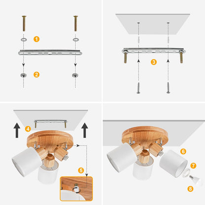Doughelec Deckenlampe Deckenstrahler 3 Flammig Holz - Rund Deckenleuchte Deckenspot Wohnzimmer Vintage E14 Schwenkbar Lampe Decke Wandstrahler MAX 30W für Schlafzimmer Küche Flur Ohne Leuchtmittel