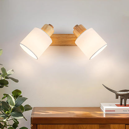 Doughelec Deckenstrahler Holz – 2-flammig | Vintage E14 Schwenkbare 350° Deckenlampe & Wandleuchte | Stoff-Lampenschirm | Max. 30W | Wohnzimmer, Schlafzimmer, Küche, Flur (Leuchtmittel nicht enthalten)
