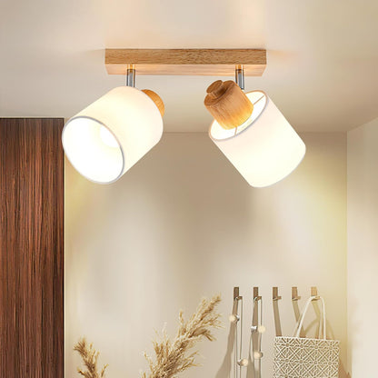 Doughelec Deckenstrahler Holz – 2-flammig | Vintage E14 Schwenkbare 350° Deckenlampe & Wandleuchte | Stoff-Lampenschirm | Max. 30W | Wohnzimmer, Schlafzimmer, Küche, Flur (Leuchtmittel nicht enthalten)