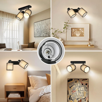 Doughelec Deckenleuchte 2-Lampen Deckenstrahler, Schwarz Vintage E14, Drehbar 350°, MAX 30 W, Stoff Warmweiß für Wohnzimmer & Küche (Ohne Glühbirne)
