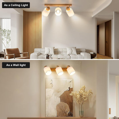 Doughelec Deckenleuchte Deckenstrahler 3 Flammig - Deckenlampe Holz Deckenspot Vintage E14 Schwenkbar 350° Lampe Decke Wandlampe MAX30W Stoff für Wohnzimmer Schlafzimmer Küche Ohne Leuchtmittel