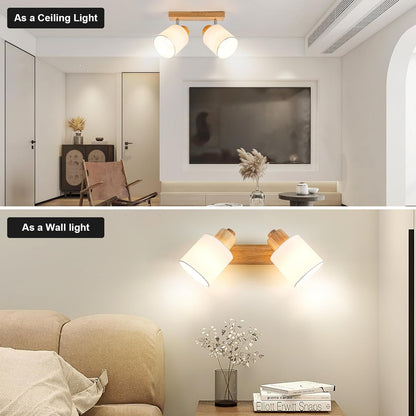 Doughelec Deckenstrahler Holz – 2-flammig | Vintage E14 Schwenkbare 350° Deckenlampe & Wandleuchte | Stoff-Lampenschirm | Max. 30W | Wohnzimmer, Schlafzimmer, Küche, Flur (Leuchtmittel nicht enthalten)