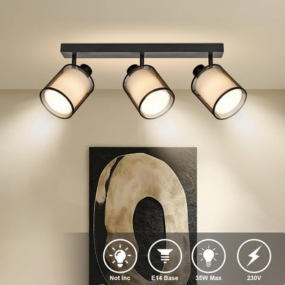 Doughelec Deckenleuchte Deckenstrahler 3 Lampen Wohnzimmer - Schwarze Deckenleuchte Vintage E14 Drehbar 350° Lampe Decke Wand Spot MAX 30 W Stoff Weiß für Küche, Ohne Glühbirne