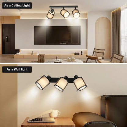 Doughelec Deckenleuchte Deckenstrahler 3 Lampen Wohnzimmer - Schwarze Deckenleuchte Vintage E14 Drehbar 350° Lampe Decke Wand Spot MAX 30 W Stoff Weiß für Küche, Ohne Glühbirne
