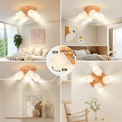 Doughelec Deckenleuchte 4 Flammen Holz Vintage Rund E14 Schwenkbar Lampe für Wohnzimmer, Schlafzimmer, Küche und Flur - Max. 30 W (Ohne Glühbirnen)