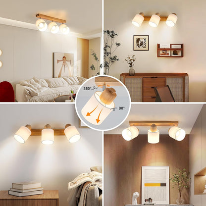 Doughelec Deckenleuchte Deckenstrahler 3 Flammig - Deckenlampe Holz Deckenspot Vintage E14 Schwenkbar 350° Lampe Decke Wandlampe MAX30W Stoff für Wohnzimmer Schlafzimmer Küche Ohne Leuchtmittel