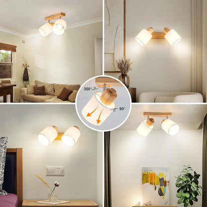 Doughelec Deckenlampe Deckenstrahler 3 Flammig Holz - Rund Deckenleuchte Deckenspot Wohnzimmer Vintage E14 Schwenkbar Lampe Decke Wandstrahler MAX 30W für Schlafzimmer Küche Flur Ohne Leuchtmittel