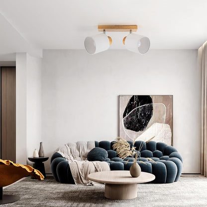 Doughelec Deckenstrahler Holz – 2-flammig | Vintage E14 Schwenkbare 350° Deckenlampe & Wandleuchte | Stoff-Lampenschirm | Max. 30W | Wohnzimmer, Schlafzimmer, Küche, Flur (Leuchtmittel nicht enthalten)