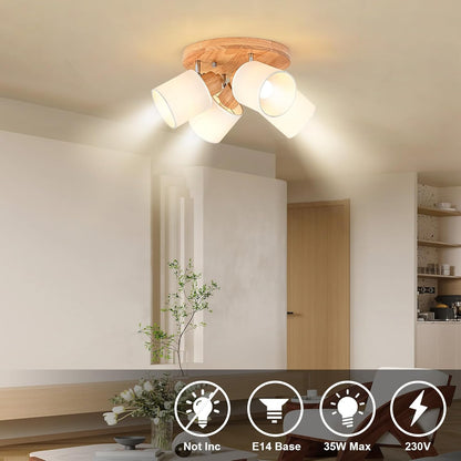 Doughelec Deckenleuchte 4 Flammen Holz Vintage Rund E14 Schwenkbar Lampe für Wohnzimmer, Schlafzimmer, Küche und Flur - Max. 30 W (Ohne Glühbirnen)