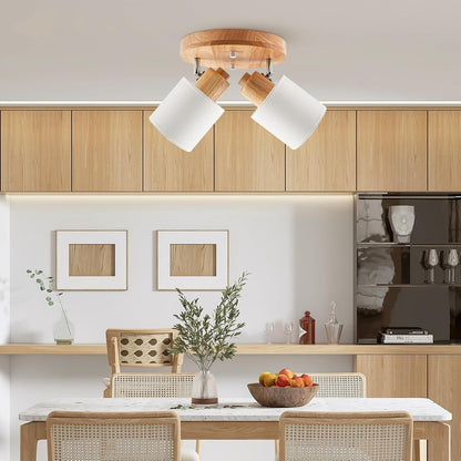 Doughelec Deckenstrahler Holz Rund – 2-flammig | Vintage E14 Schwenkbare Deckenlampe & Wandspot | Wohnzimmer, Schlafzimmer, Küche, Flur | Max. 30W (Leuchtmittel nicht enthalten)